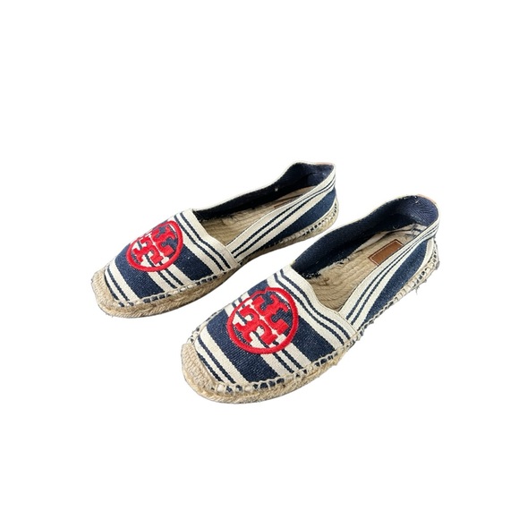 Tory Burch “Double T” Navy Striped Espadrilles with Red Logo - Picture 3 of 7
